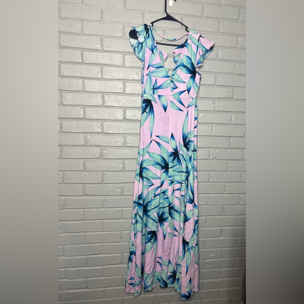 Olivaceous Tropical Leaf Print Tie Front Maxi Dress - Picture 12 of 16